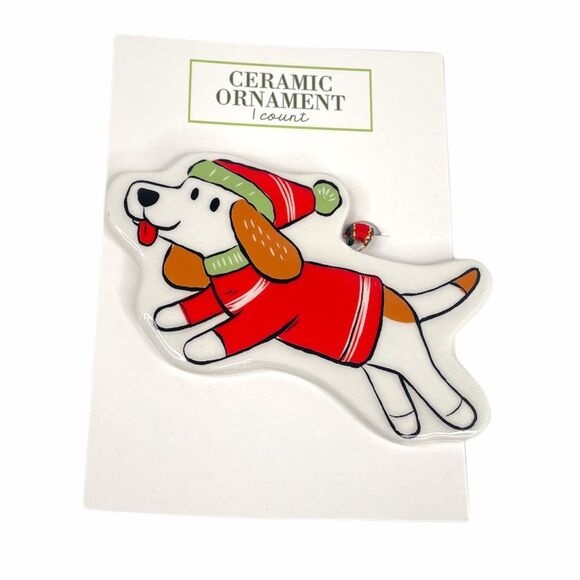 Ceramic Ornament Beagle with Sweater and Santa Hat, White, Red, Green - Picture 1 of 4